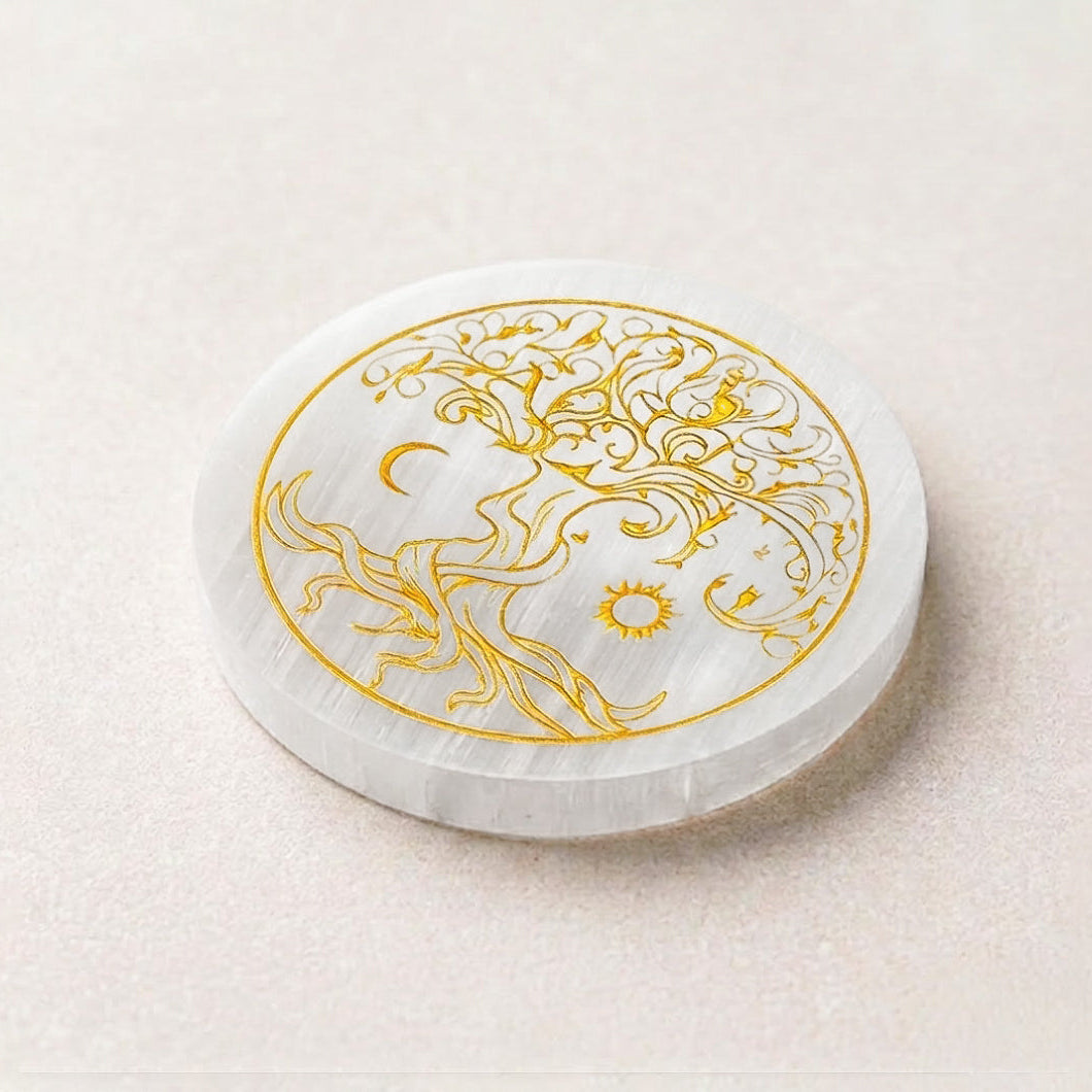 Selenite Round Charging Plate – Tree of Life with Moon & Sun