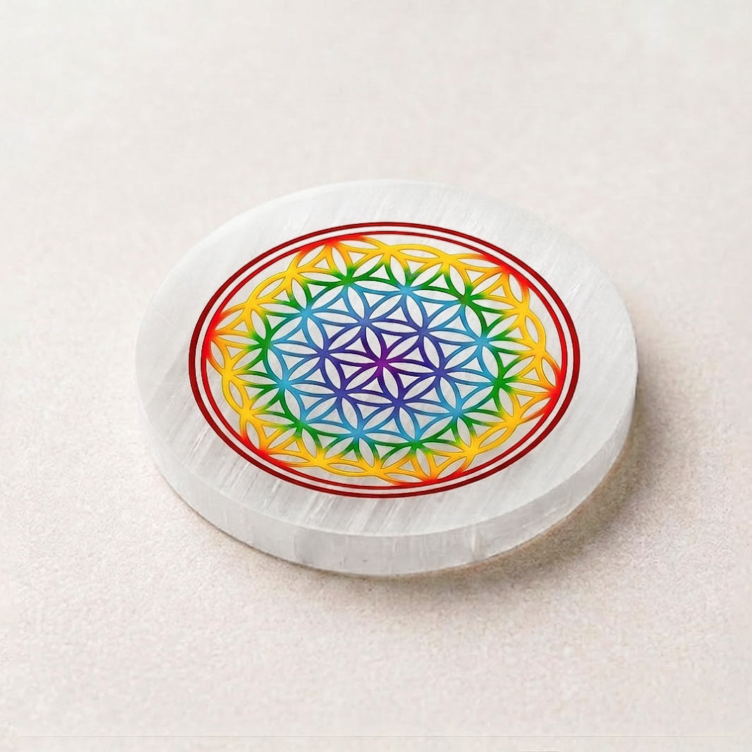 Selenite Round Charging Plate – Rainbow Flower of Life Sticker