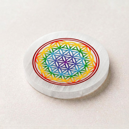 Selenite Round Charging Plate – Rainbow Flower of Life Sticker
