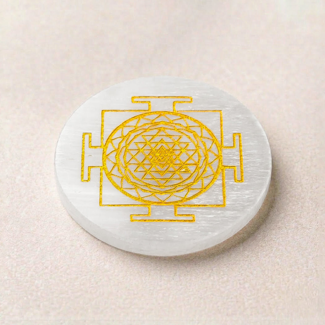 Selenite Round Charging Plate – Shree Yantra Symbol