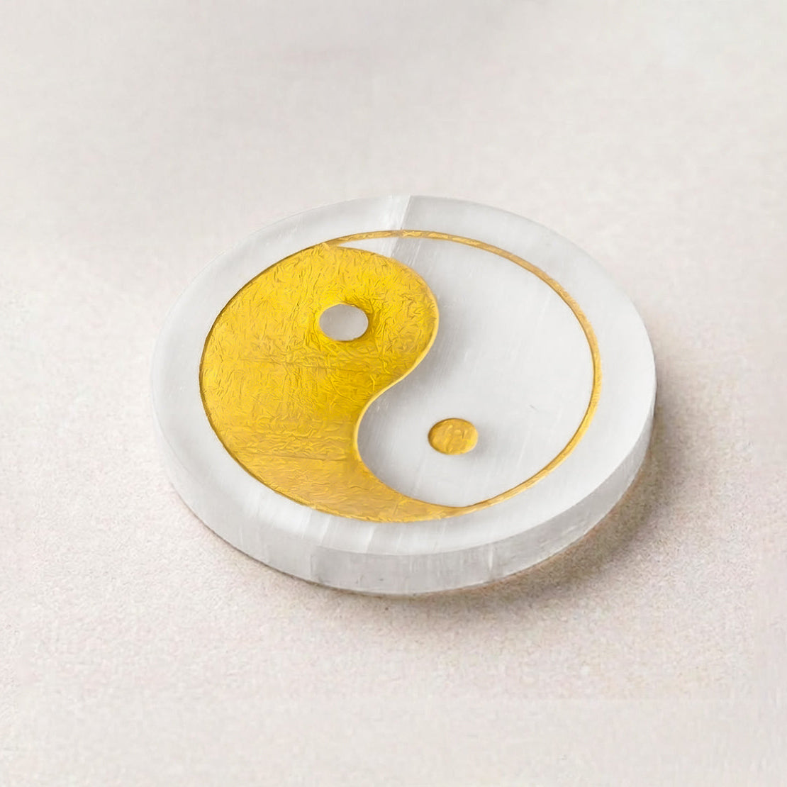 Selenite Round Charging Plate – Yin Yang Symbol