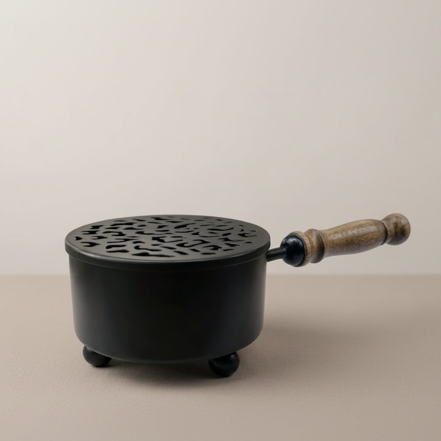 Round 9-Inch Matte Black Cast Iron Smudging Pot with Turned Wooden Handle for Sage and Incense