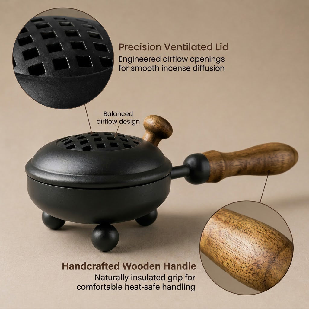 Dome-Shaped 8.50-Inch Matte Black Cast Iron Smudging Pot with Turned Wooden Handle for Sage and Incense