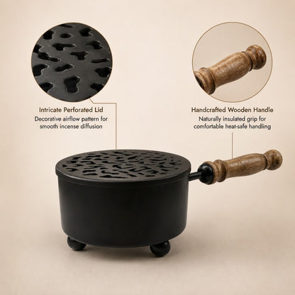 Round 9-Inch Matte Black Cast Iron Smudging Pot with Turned Wooden Handle for Sage and Incense