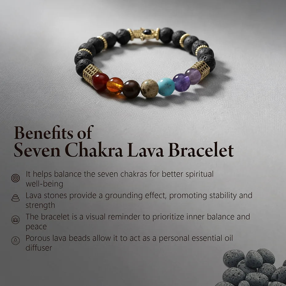 Seven Chakra Lava Stone Bracelet with charm