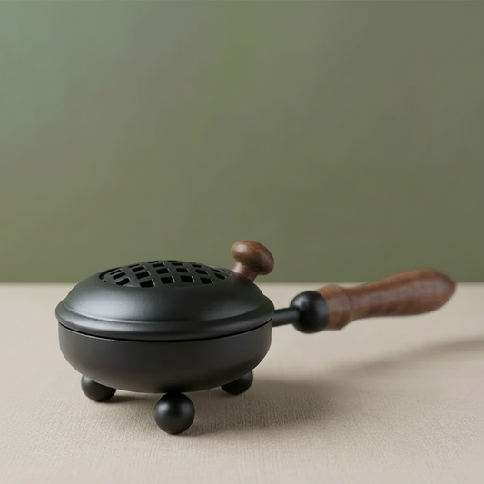 Dome-Shaped 8.50-Inch Matte Black Cast Iron Smudging Pot with Turned Wooden Handle for Sage and Incense