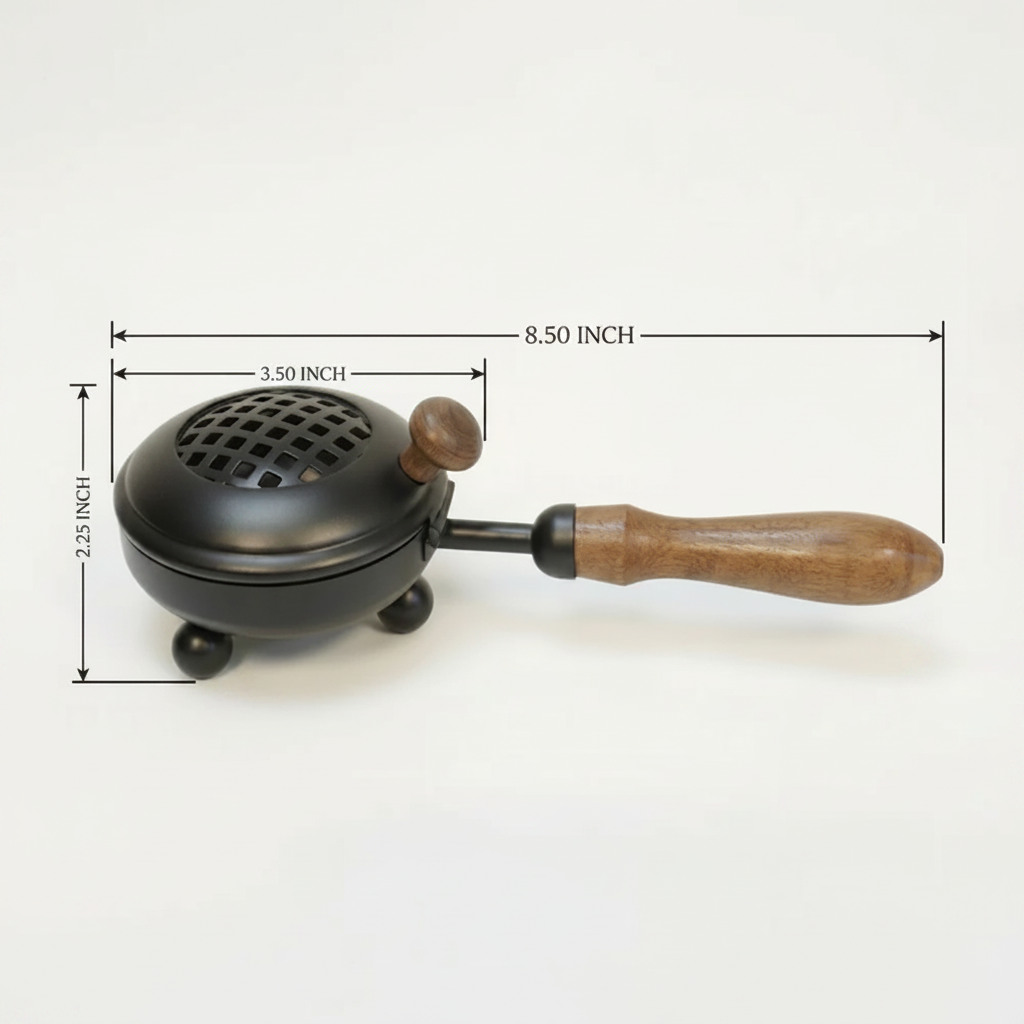 Dome-Shaped 8.50-Inch Matte Black Cast Iron Smudging Pot with Turned Wooden Handle for Sage and Incense