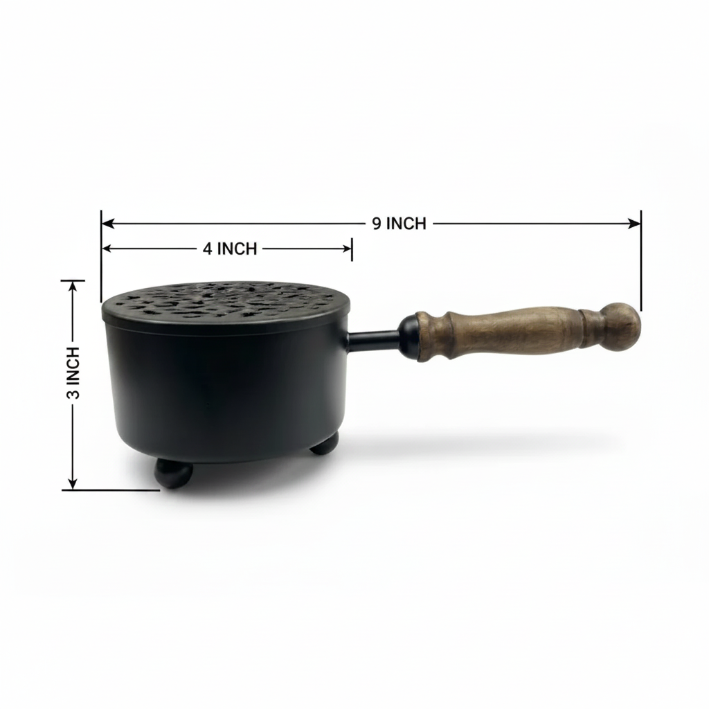 Round 9-Inch Matte Black Cast Iron Smudging Pot with Turned Wooden Handle for Sage and Incense