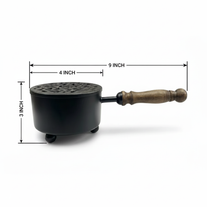 Round 9-Inch Matte Black Cast Iron Smudging Pot with Turned Wooden Handle for Sage and Incense